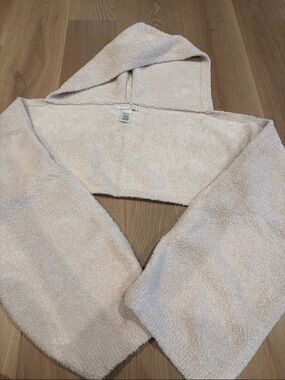 Barefoot Dreams Cozy Hooded Shawl Collar Cardigan in Light Beige.